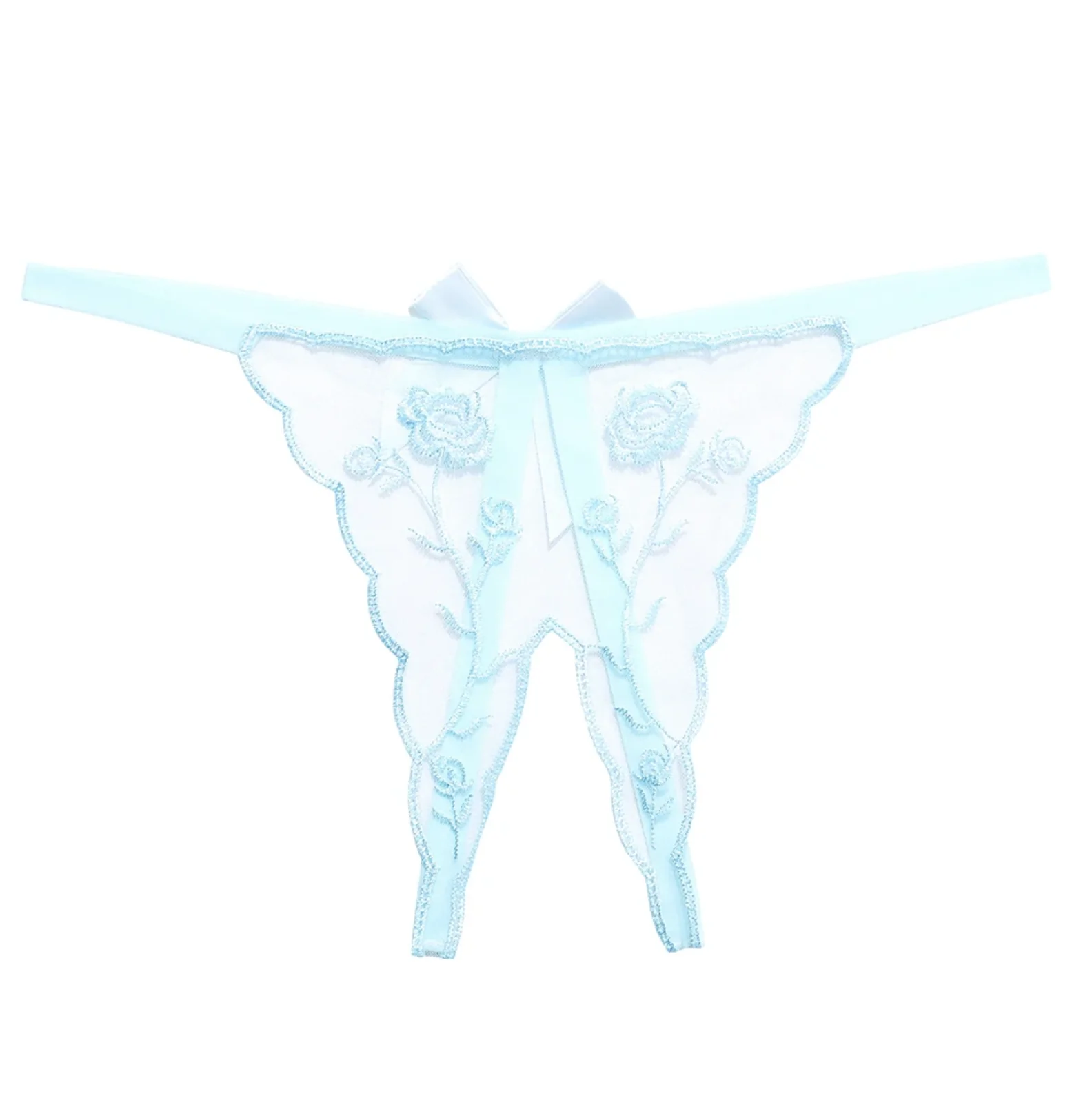 Crotchless Embroidered Transparent Lace G String Blue