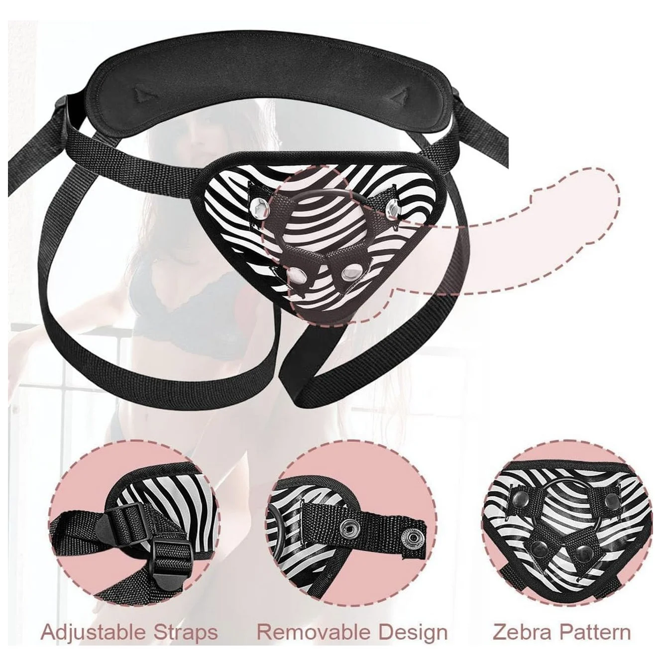 Adjustable Strap On Dildo Harness with Back Brace O Rings Zebra Pattern