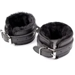 Fur Faux Leather Cuffs with Detachable Chain Black