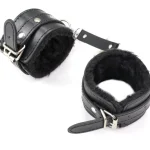 Fur Faux Leather Cuffs with Detachable Chain Black