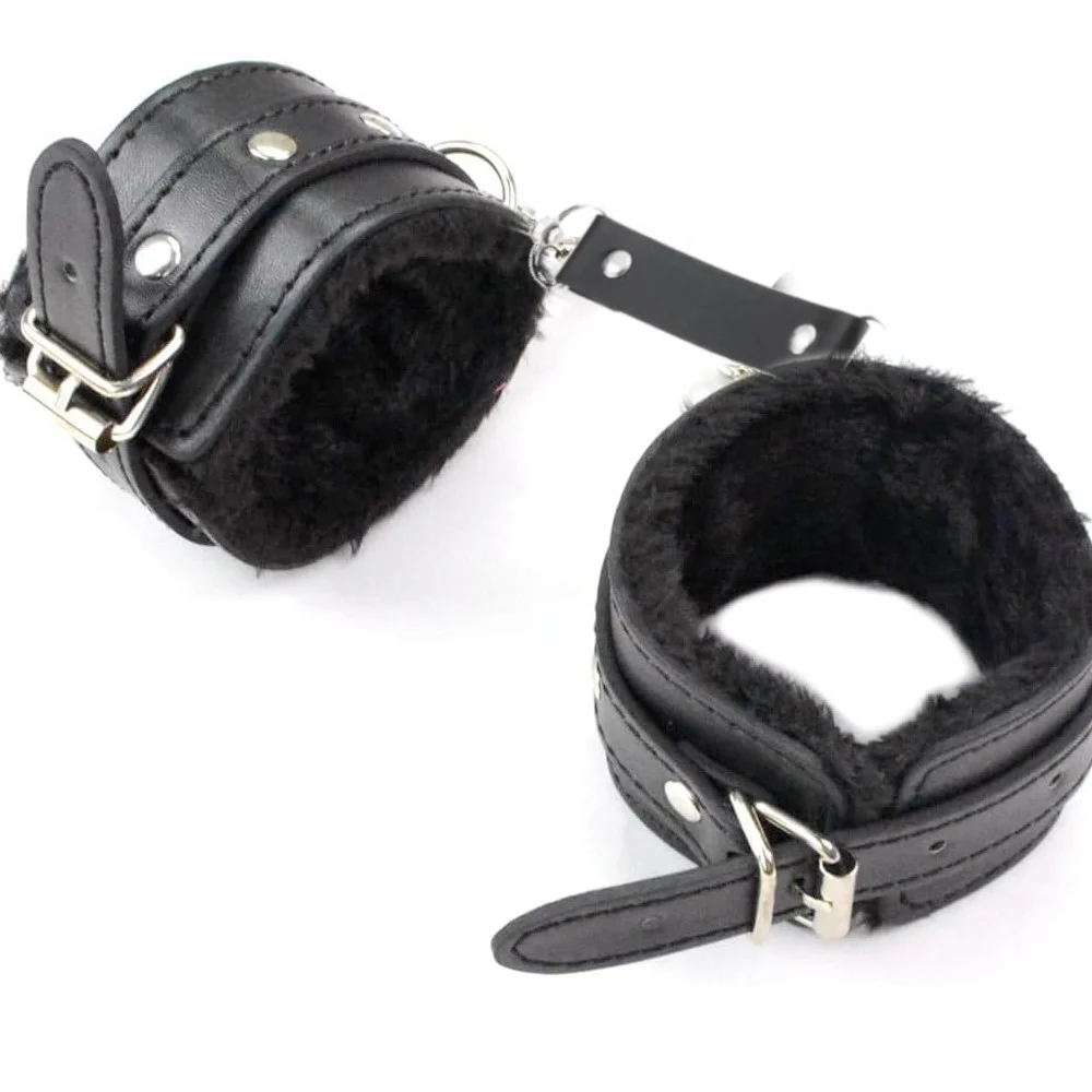 Fur Faux Leather Cuffs with Detachable Chain Black