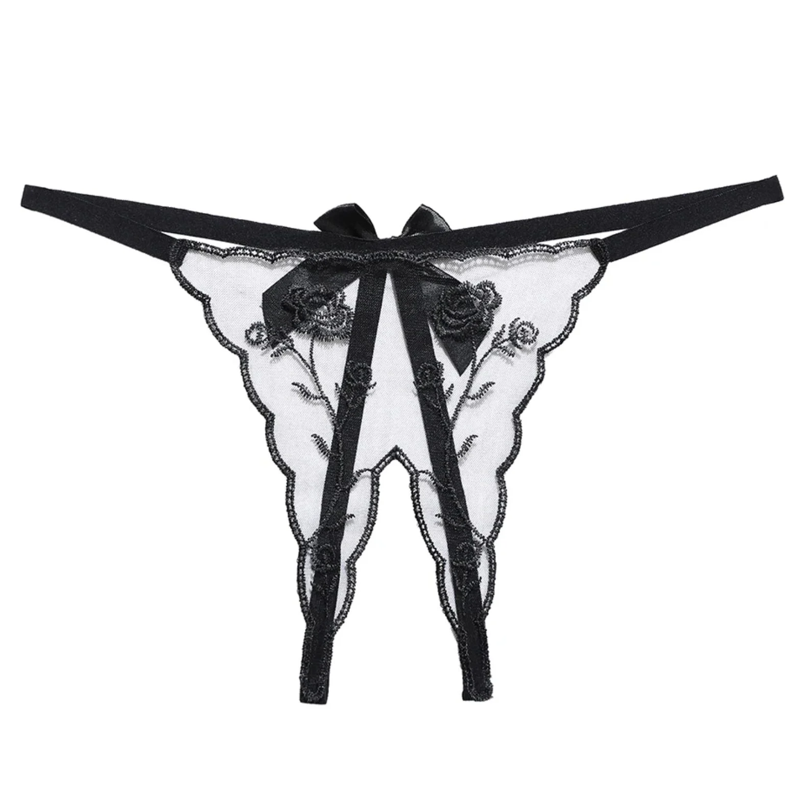 Crotchless Embroidered Transparent Lace G String Black