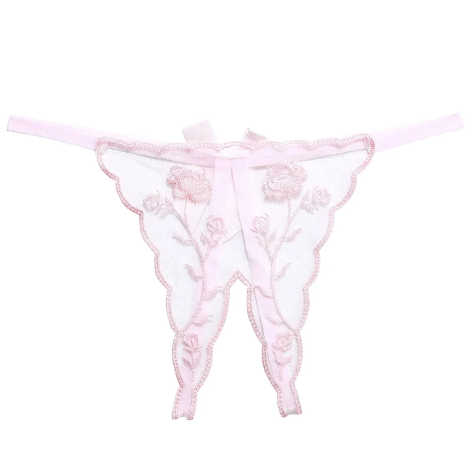 Crotchless Embroidered Transparent Lace G String Light Pink