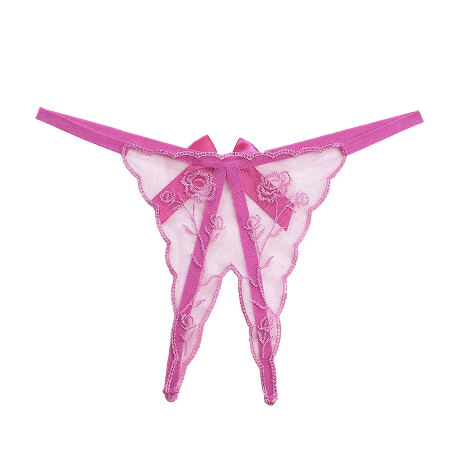 Crotchless Embroidered Transparent Lace G String Pink