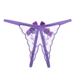 Crotchless Embroidered Transparent Lace G String Purple