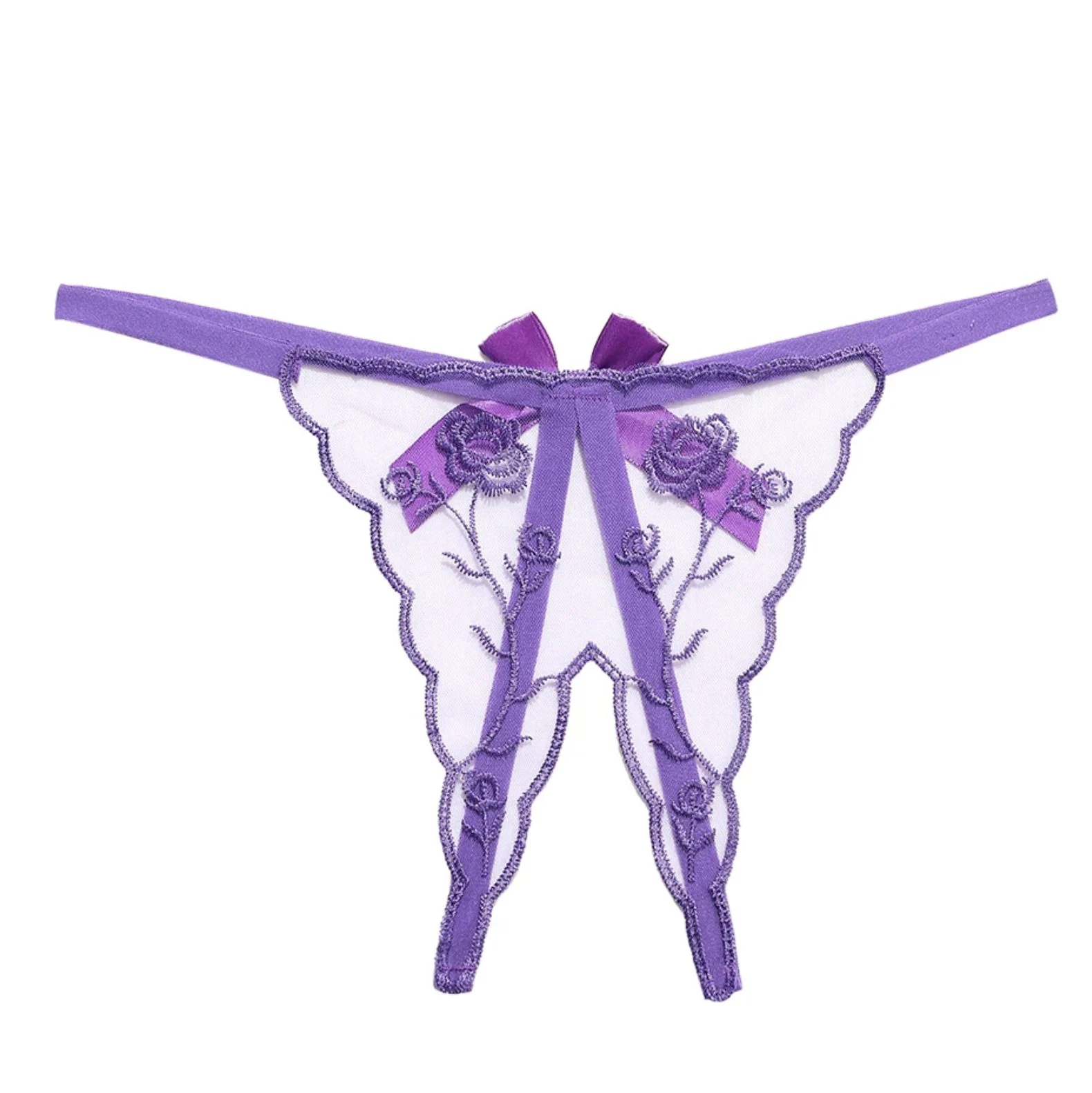 Crotchless Embroidered Transparent Lace G String Purple