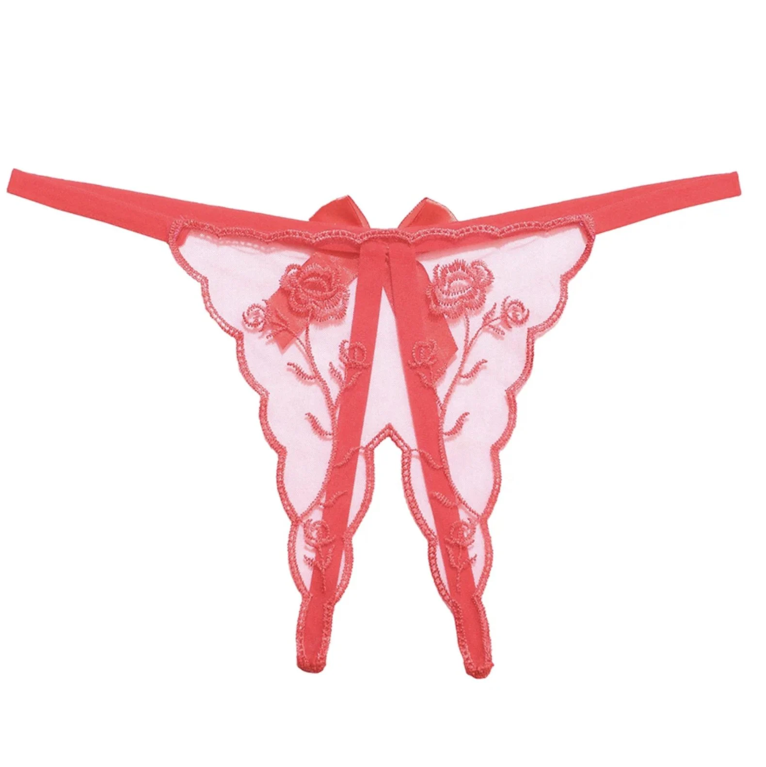 Crotchless Embroidered Transparent Lace G String Red
