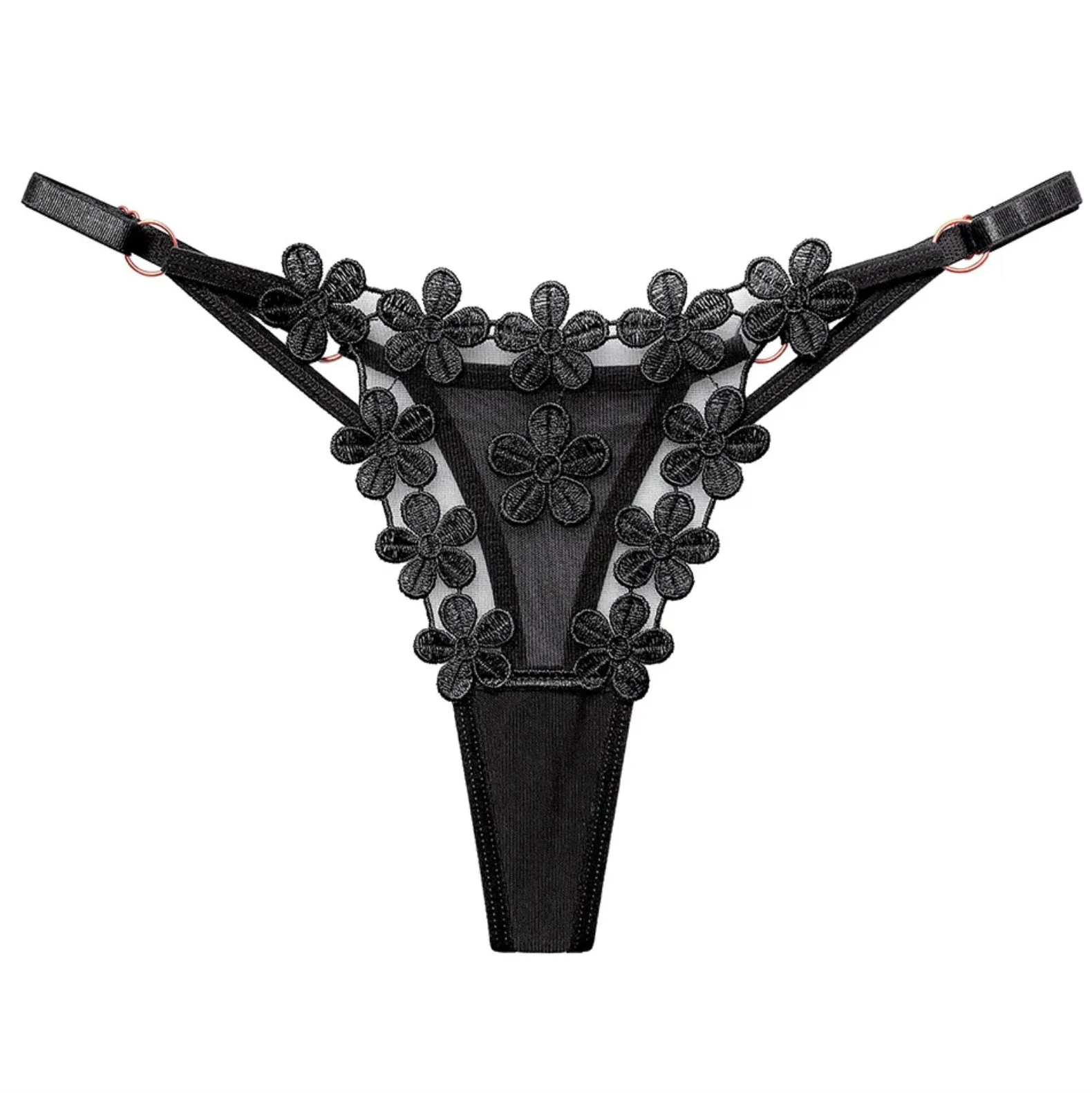 Lace Low Waist Butterfly Thong Panty Transparent Mesh BLACK