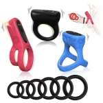 Silicone Cock Ring Set with Mini Vibrator Piece Set Red Black Blue
