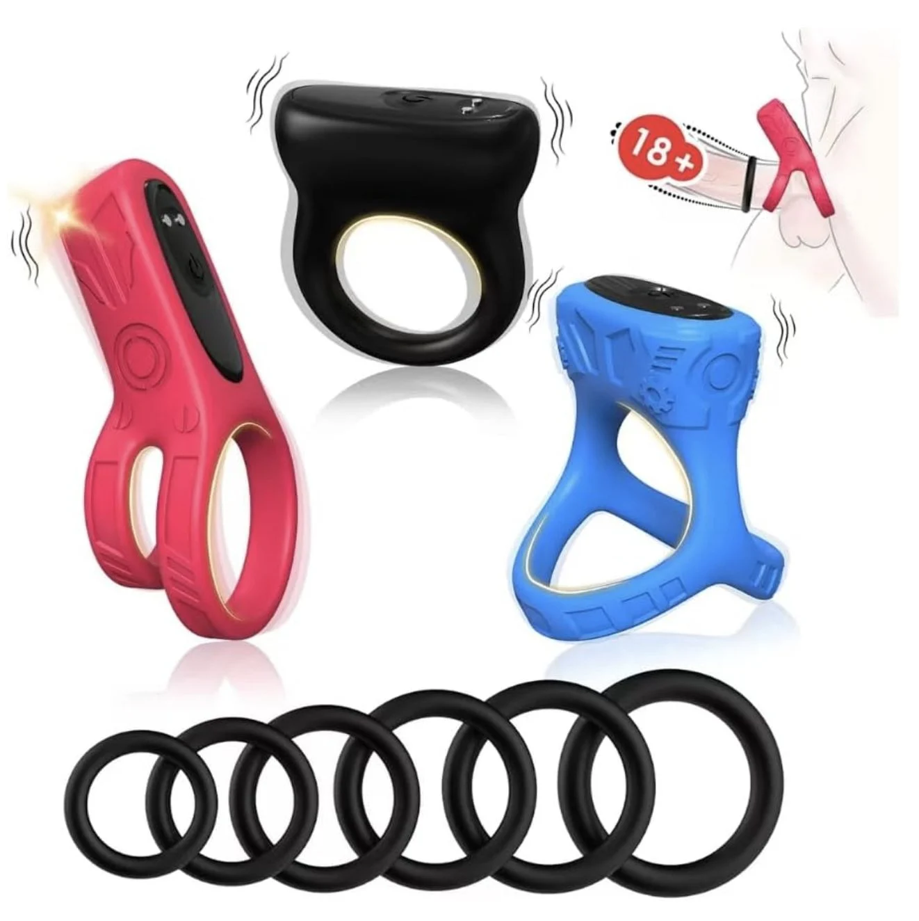 Silicone Cock Ring Set with Mini Vibrator Piece Set Red Black Blue