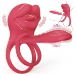 Vibrating Cock Ring with Full Lips and Tongue Style Clitoral Stimulator Red