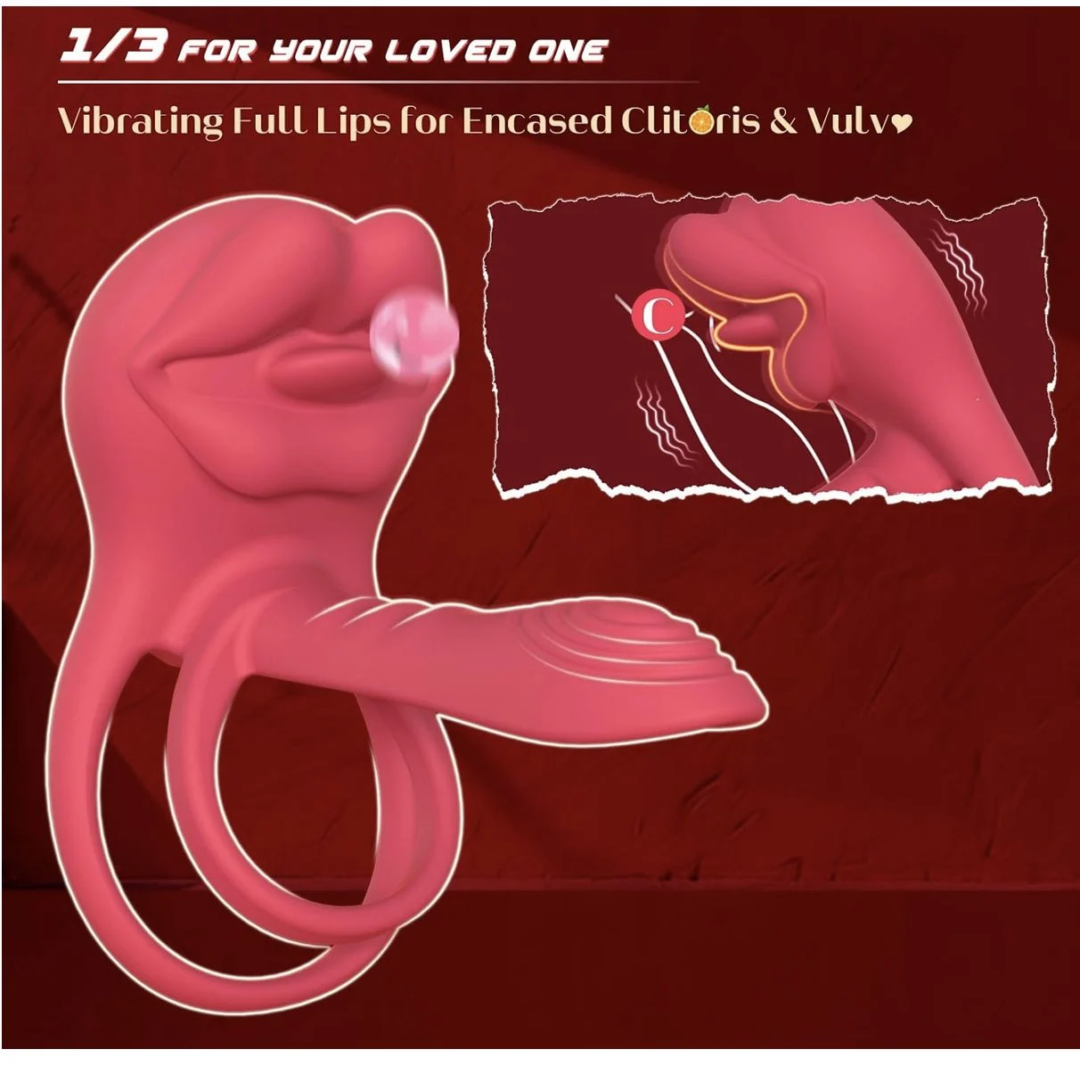 Vibrating Cock Ring with Full Lips and Tongue Style Clitoral Stimulator Red