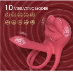 Vibrating Cock Ring with Full Lips and Tongue Style Clitoral Stimulator Red