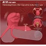 Vibrating Cock Ring with Full Lips and Tongue Style Clitoral Stimulator Red