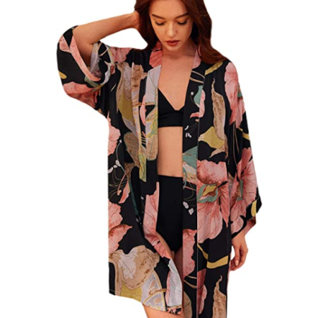 Women's Viscose Kimono Bath Robes - Black Floral