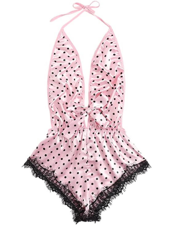 Lace Trim Halter Tie Kont Plunging Silk Romper Polka Dot Pink
