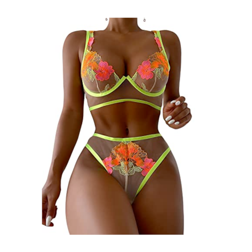 Cutout 2 Piece Embroidered Lingerie Set - Floral Yellow