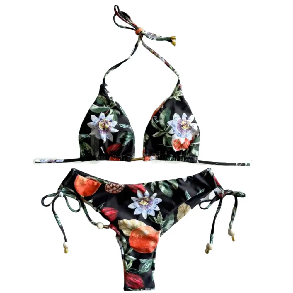 High Waist Brazilian Thong Bikini Swimsuit Set Black Tropical