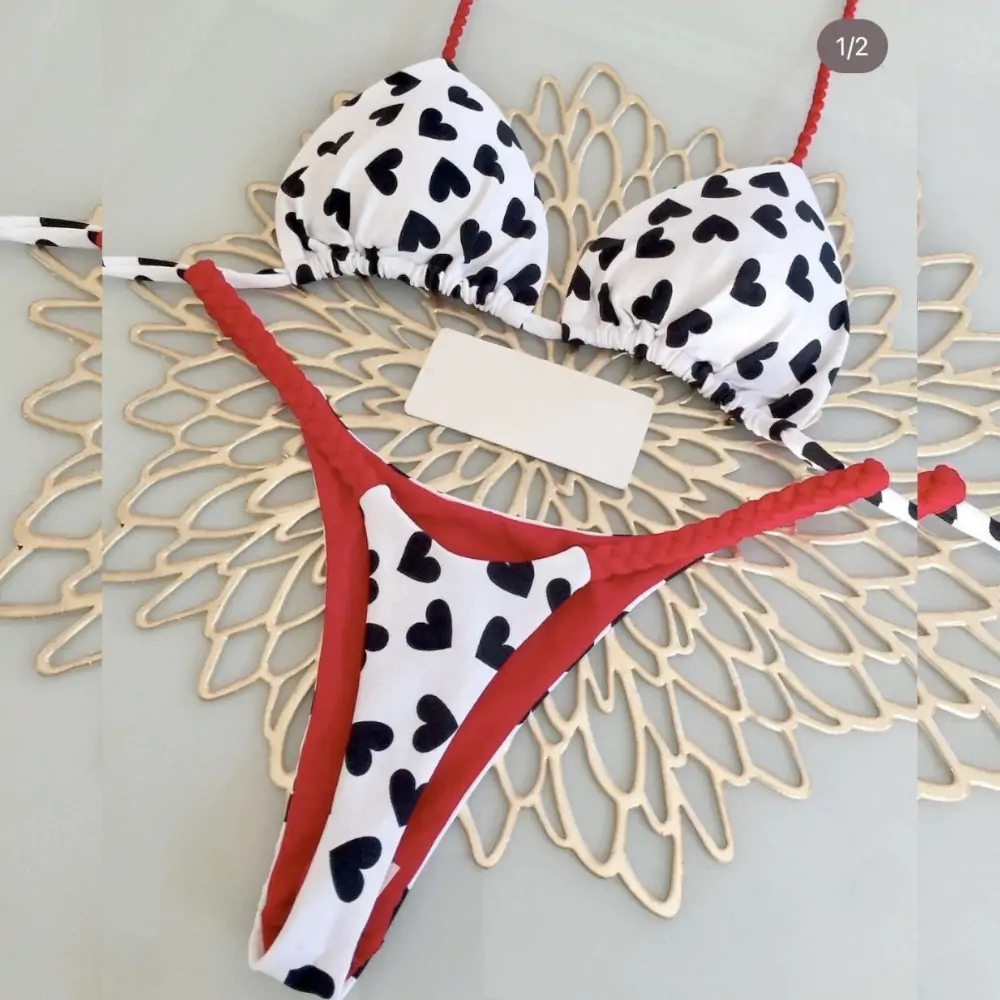 High Waist Brazilian Thong Bikini Swimsuit Set Hearts:White Red Set