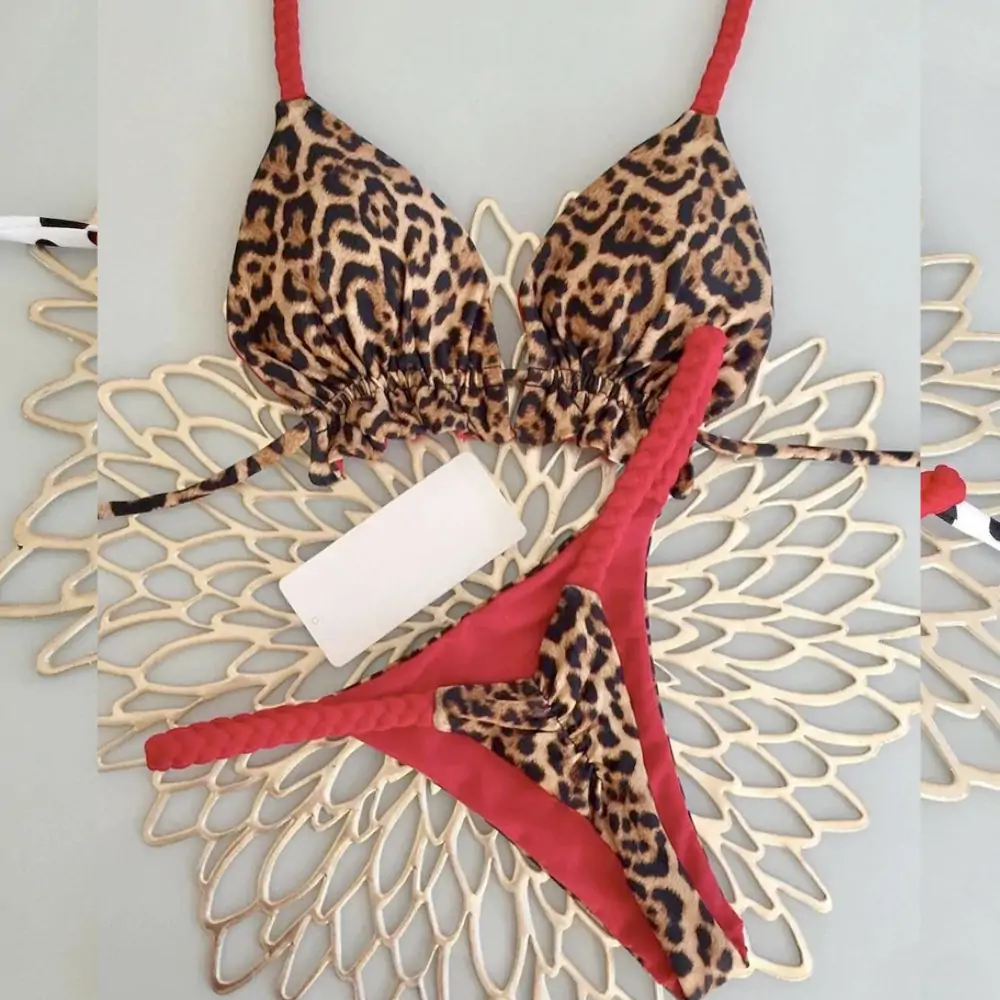 High Waist Brazilian Thong Bikini Swimsuit Set Leopard Red