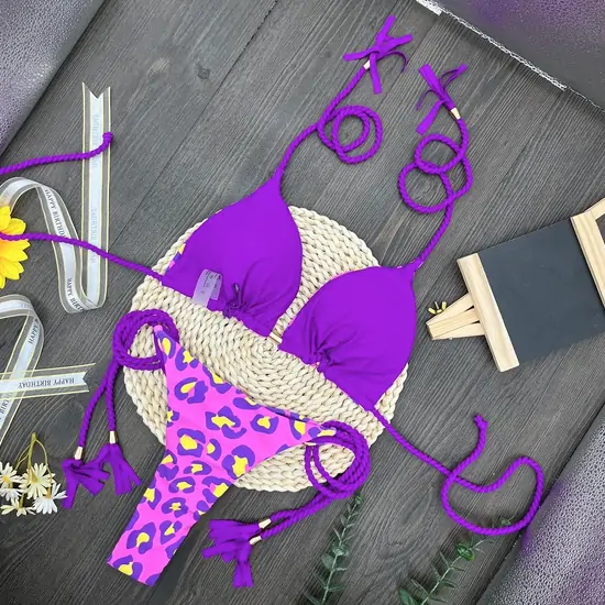 High Waist Brazilian Thong Bikini Swimsuit Set Purple Leopard