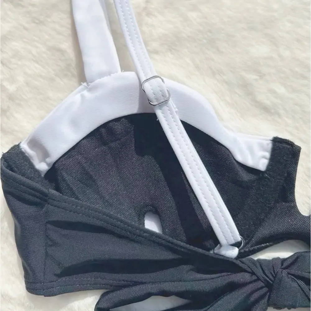 Solid Patchwork Brazilian Thong Bikini Swimsuit Black White