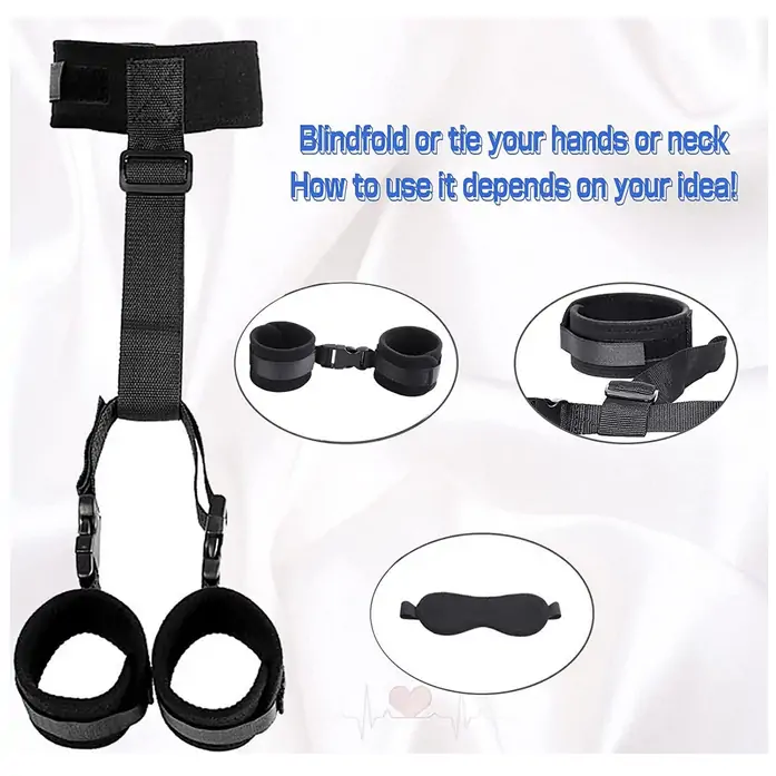 Behind Back Neck To Wrist Restraints and Blindfold Set Red Black