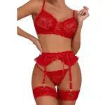 Floral Sheer Lace Underwire Push Up Garter Lingerie Set Red